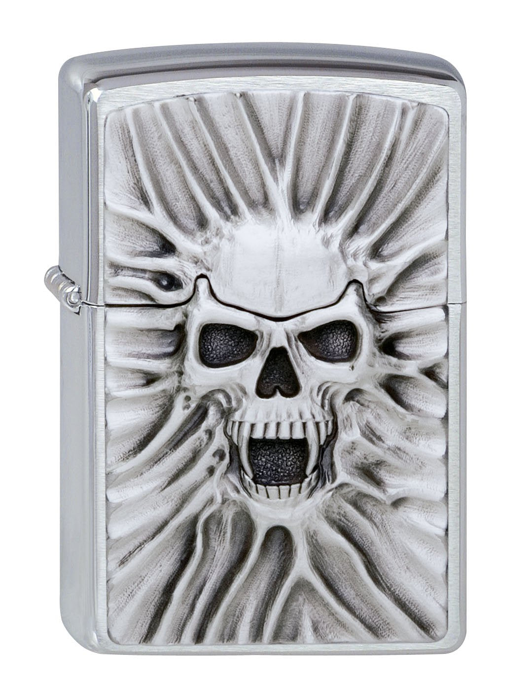 Widok z przodu kąt 3/4 zapalniczka Zippo chrom emblemat z krzyczącą czaszką