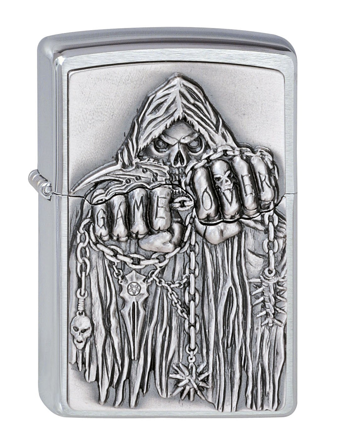 Widok z przodu kąt 3/4 zapalniczka Zippo chrom emblemat kostucha w habicie z wyciągniętymi dłońmi