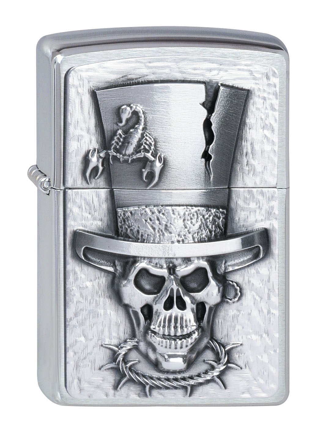Widok z przodu zapalniczka Zippo chrom emblemat z czaszką w cylindrze