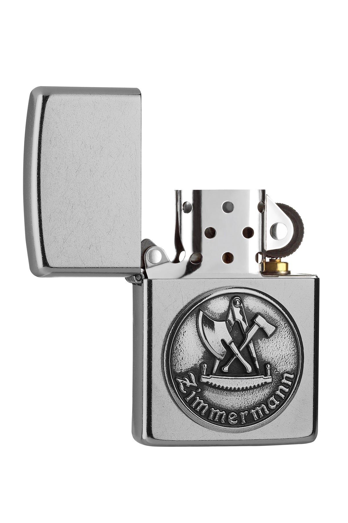 Zapalniczka Zippo chrom emblemat ze znakiem cechu cieśli otwarta
