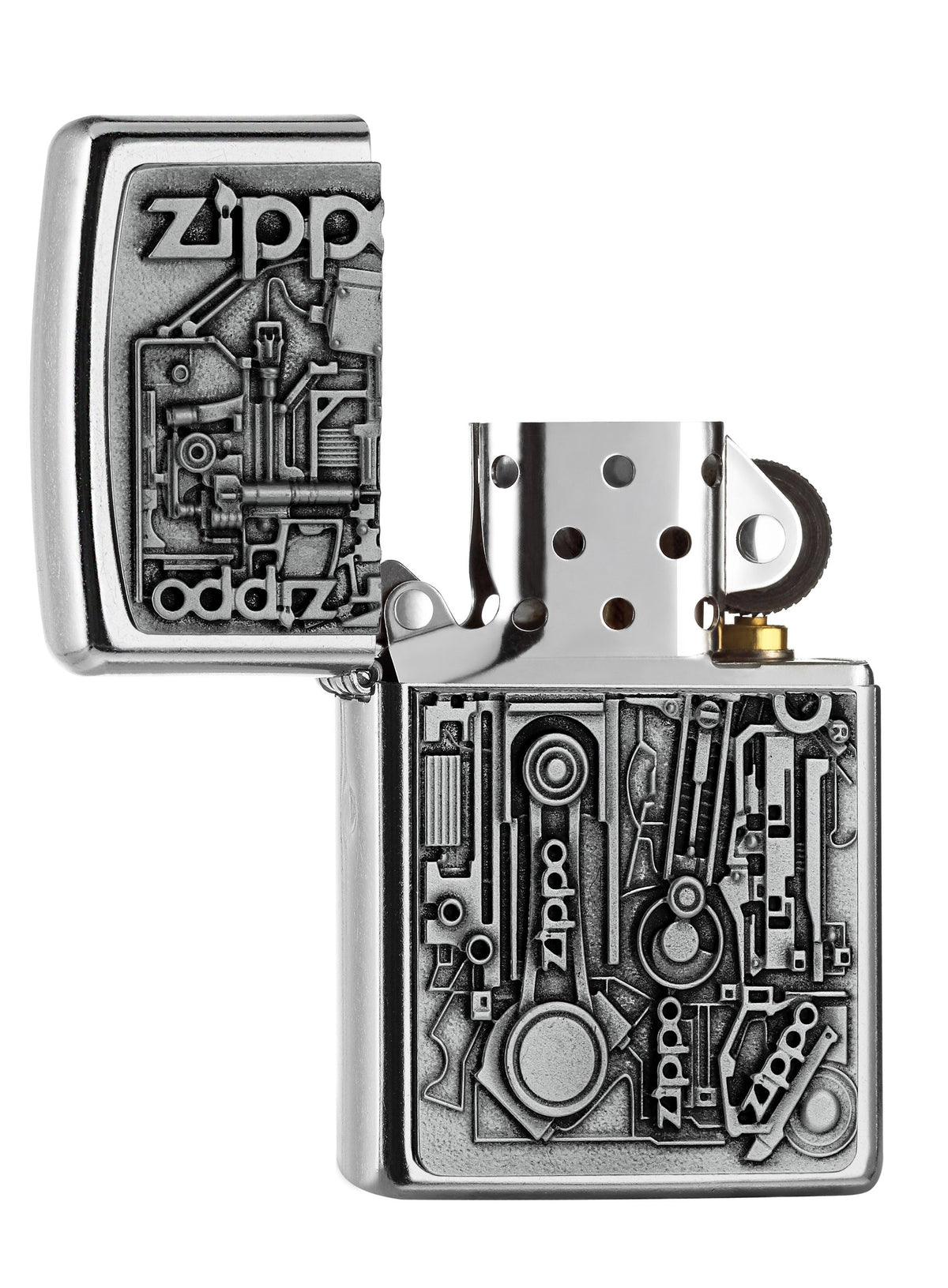 Zapalniczka Zippo emblemat z częściami silnika otwarta