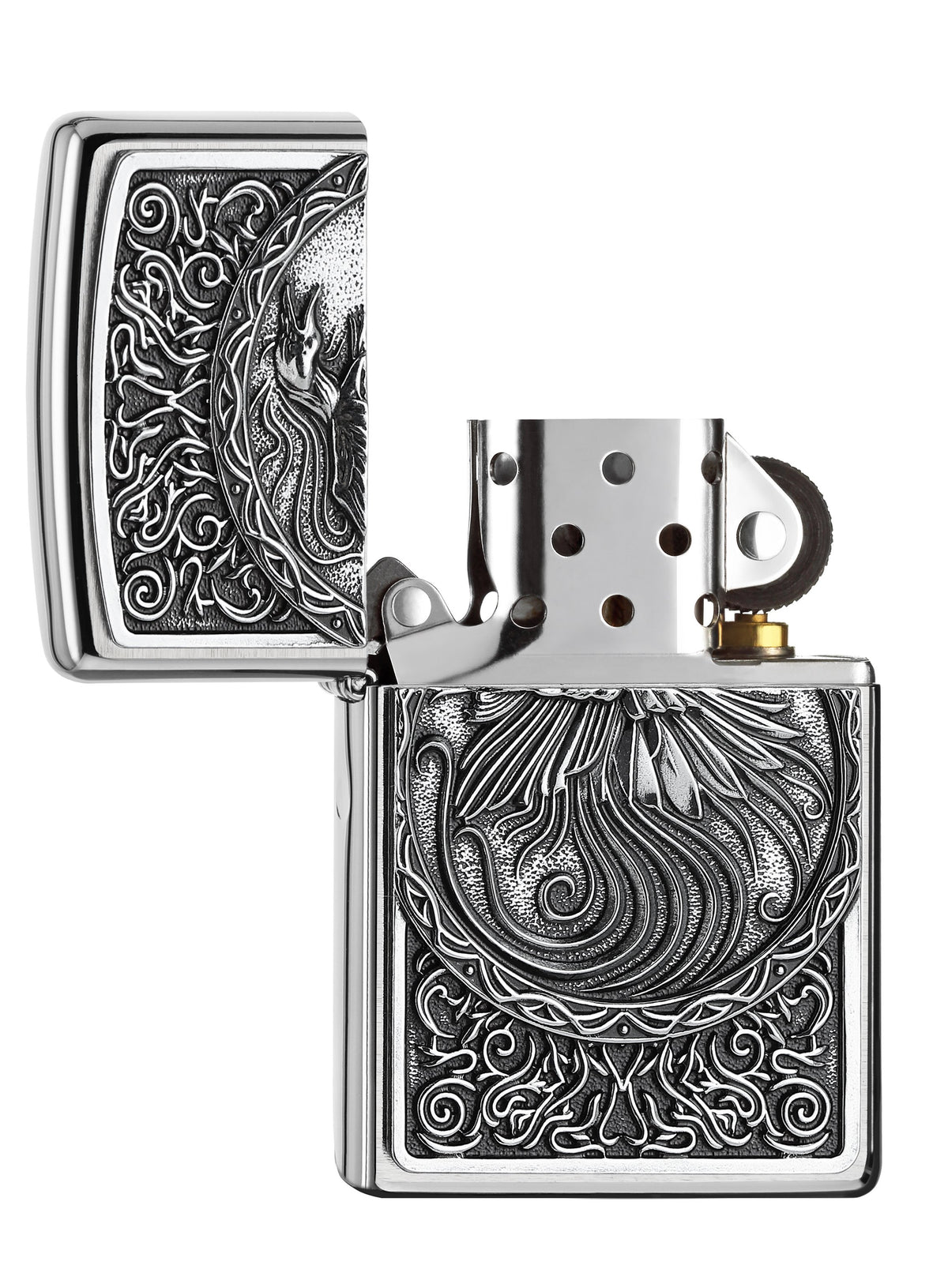 Zapalniczka Zippo feniks w okręgu otoczony zawijasami otwarta