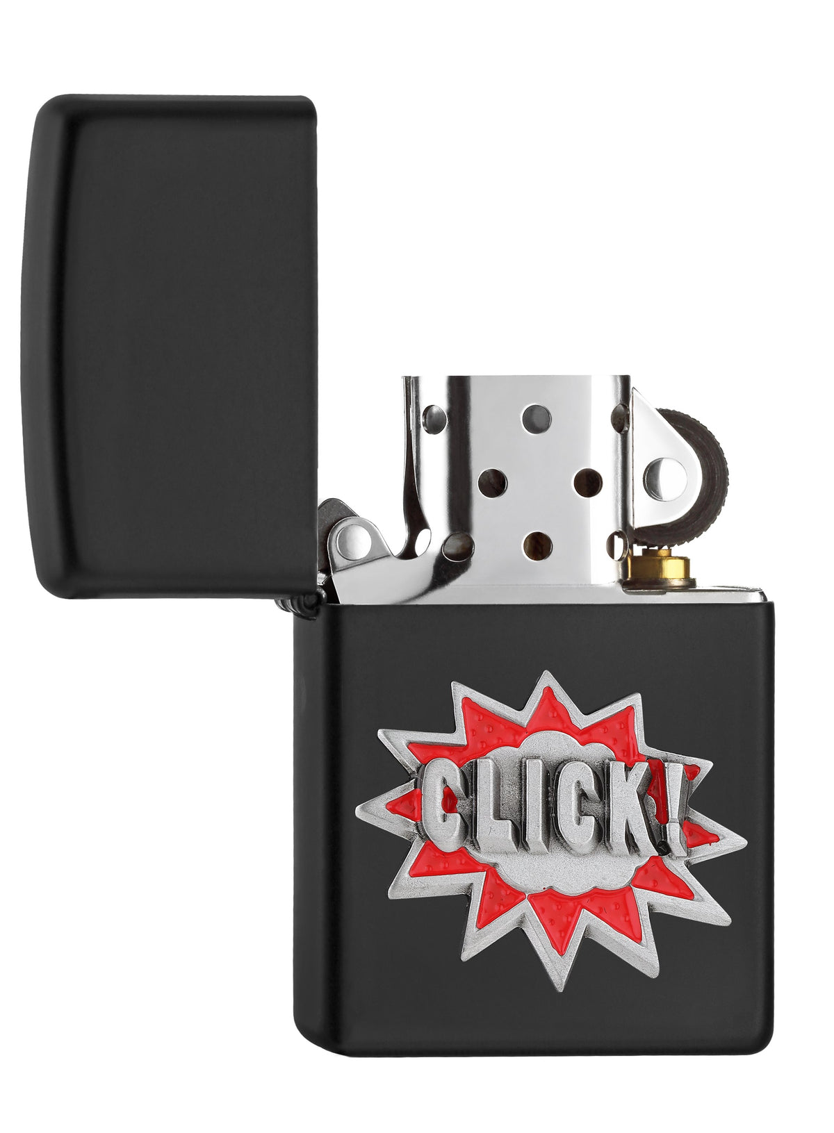 Zapalniczka Zippo czarna matowa emblemat z napisem Click otwarta