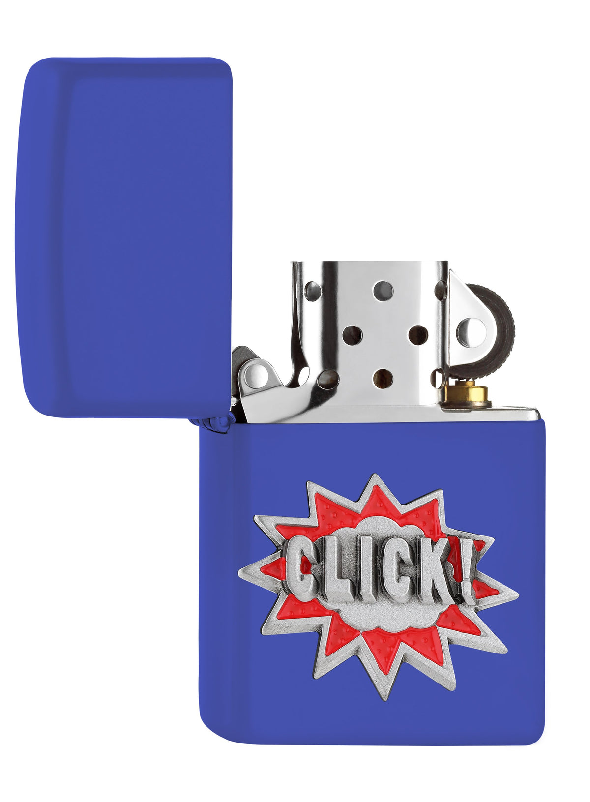 Zapalniczka Zippo niebieska emblemat z napisem Click otwarta
