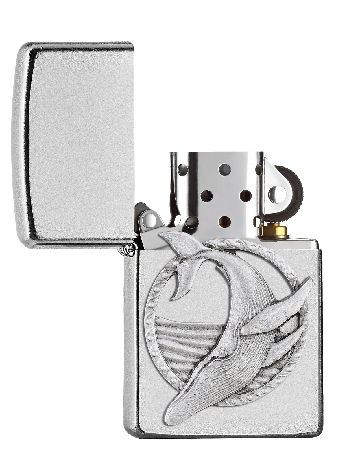 Zapalniczka Zippo chrom emblemat płetwal błękitny otwarta