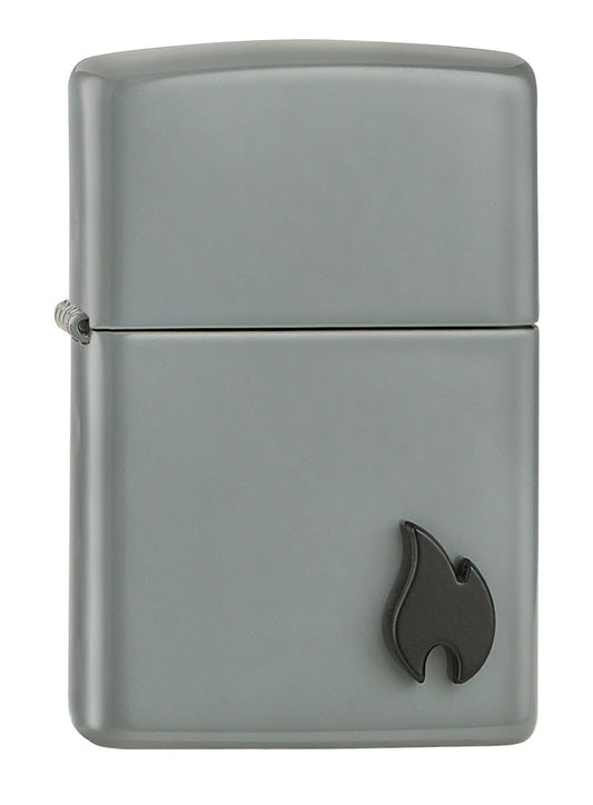 Klasyczna zapalniczka Flat Grey ozdobiona godłem płomienia