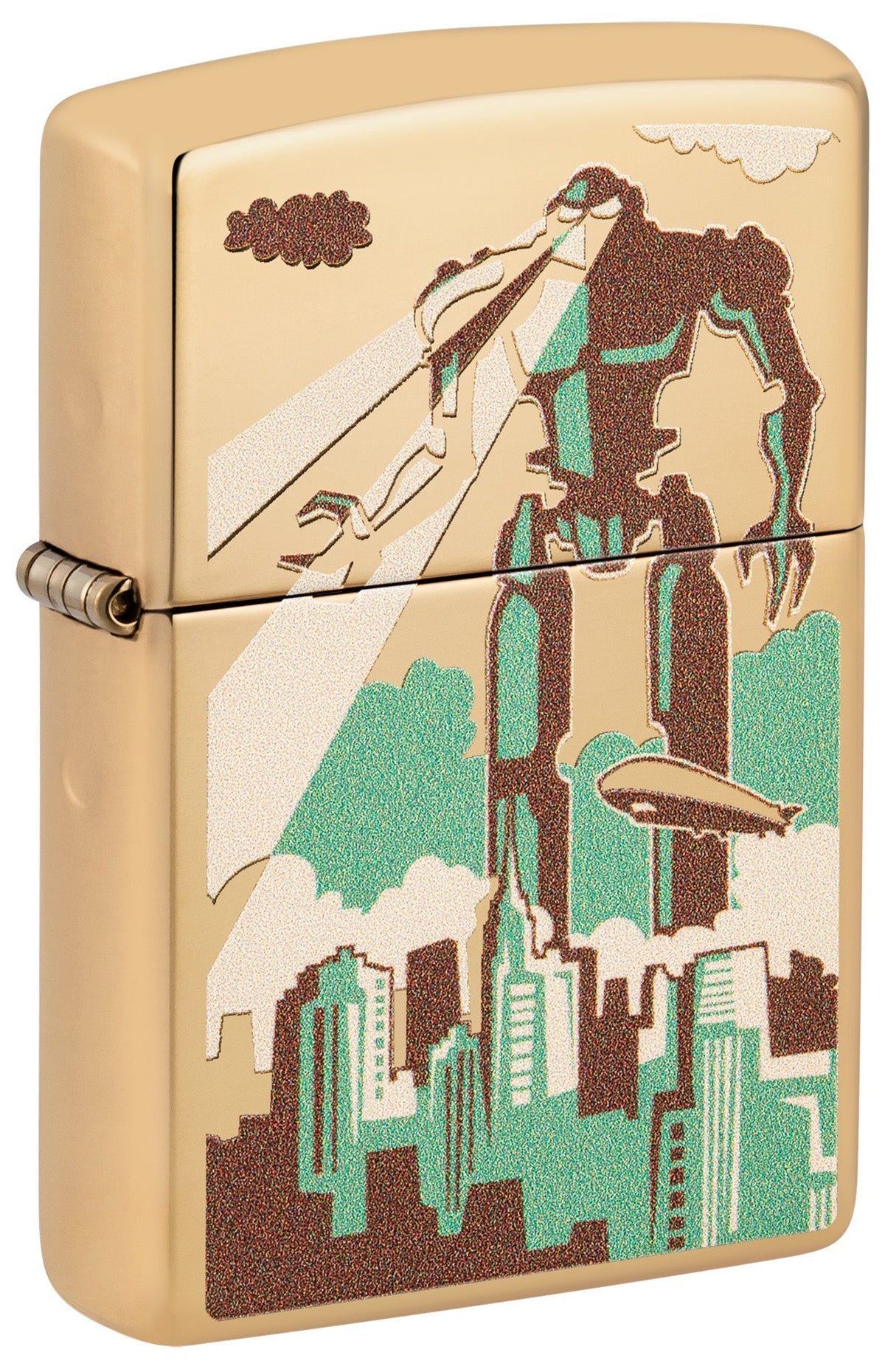 Gold lighter with artistic design of a robot and cityscape P1