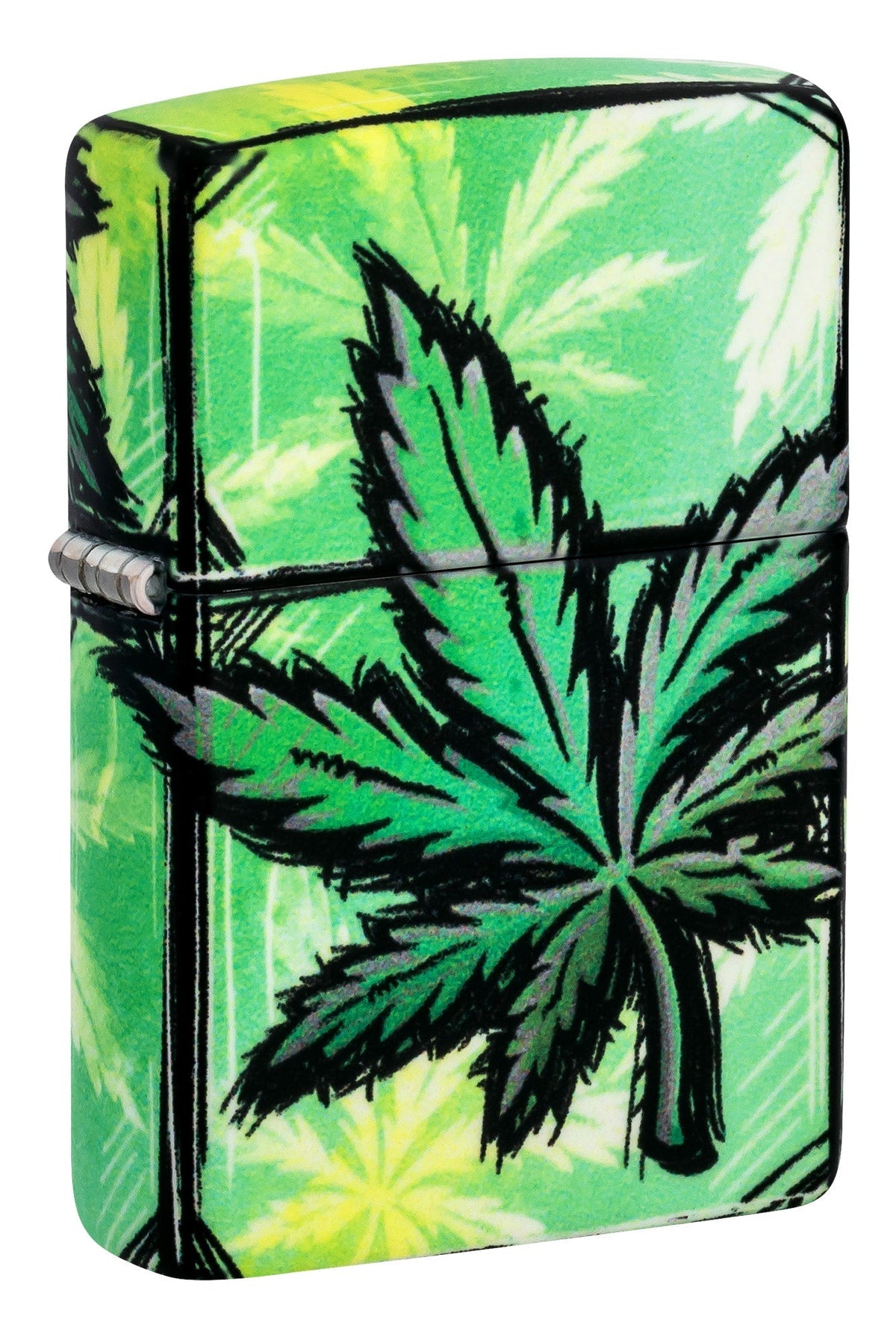 Zippo lighter with cannabis leaf design on a green and yellow patterned background P1