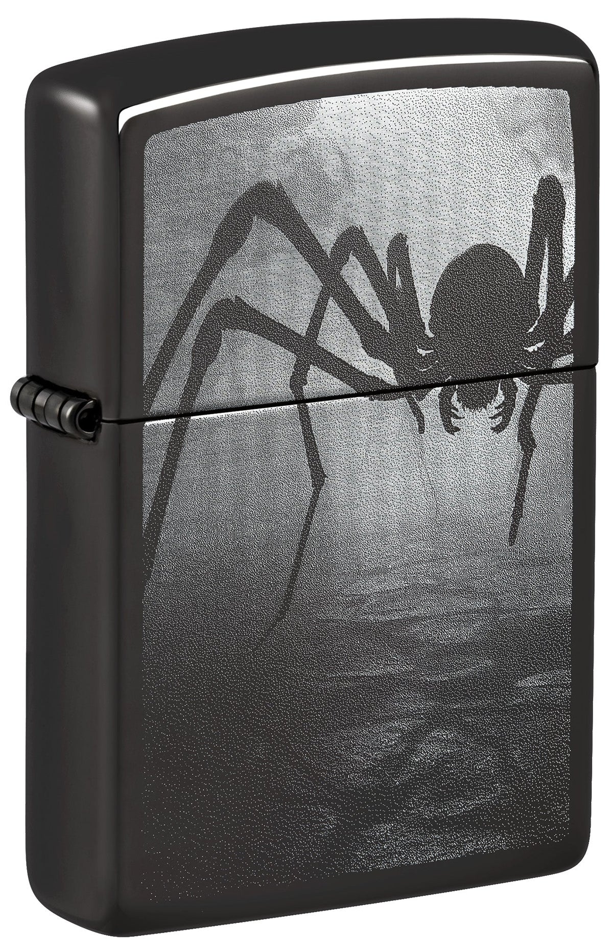Black Zippo lighter with spider design on a dark background P1