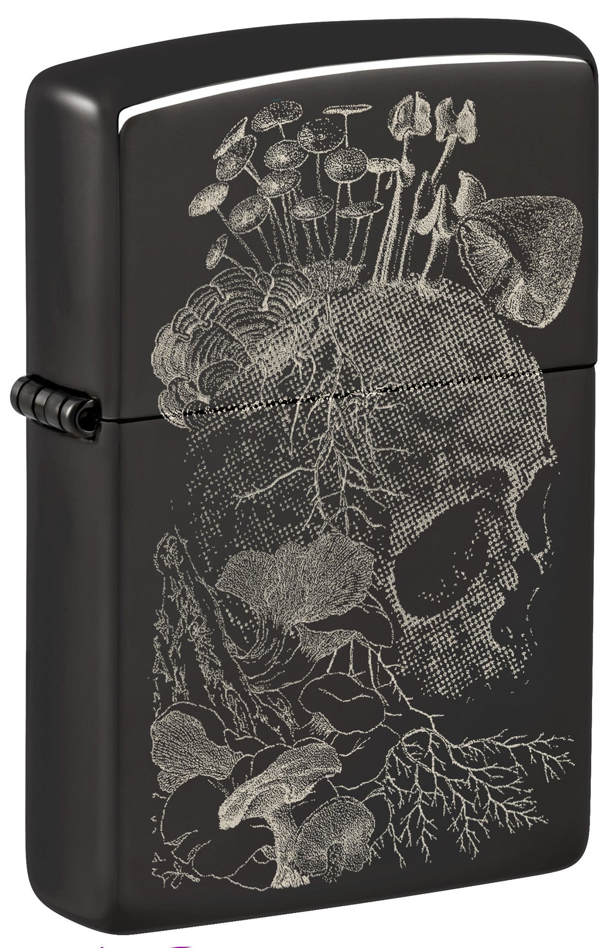 Black Zippo lighter with skull and floral design P1