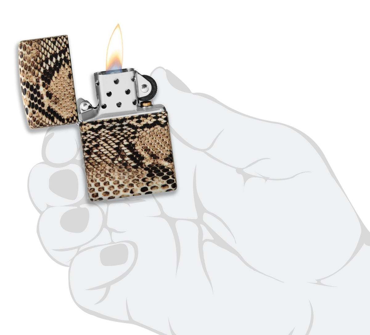Zapalniczka Zippo z nadrukiem w kolorach skóry kobry z każdej strony otwierana płomieniem w stylizowanej dłoni