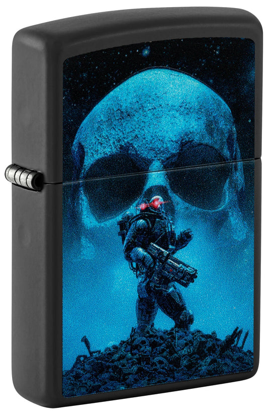 Black Zippo lighter with a blue skull and soldier design P1