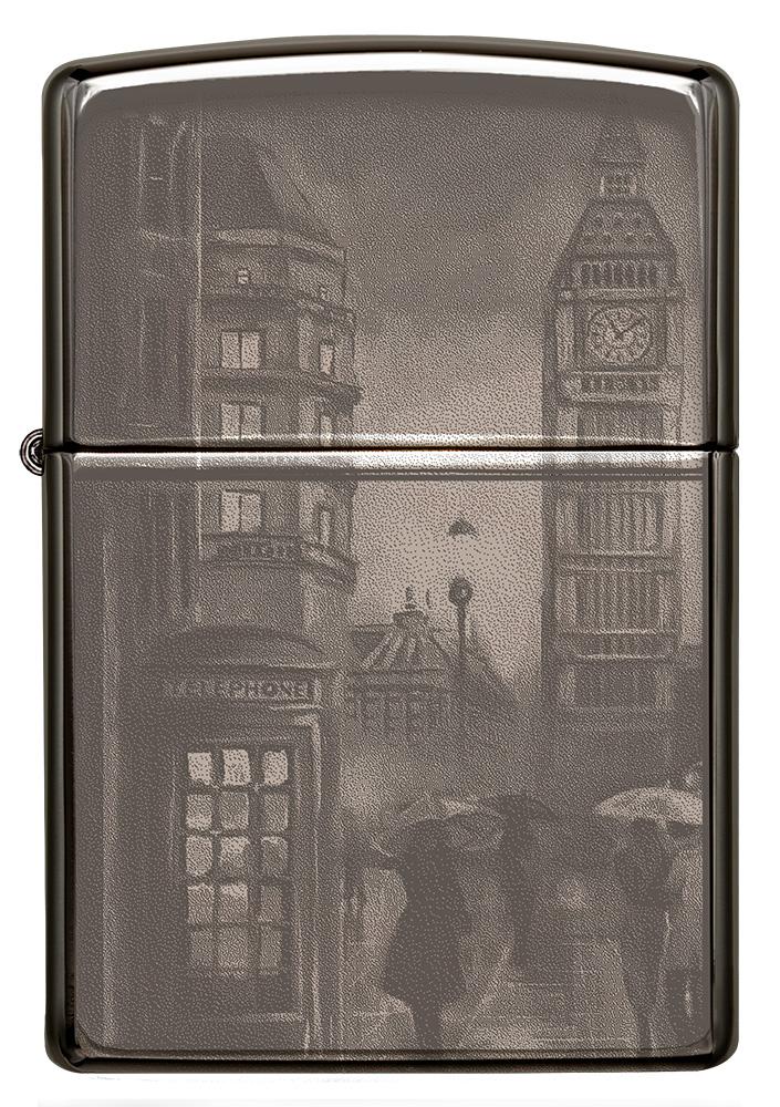 Widok z przodu Zapalniczka Zippo Black Ice z Big Benem w Londynie 360 stopni Photo Image Design