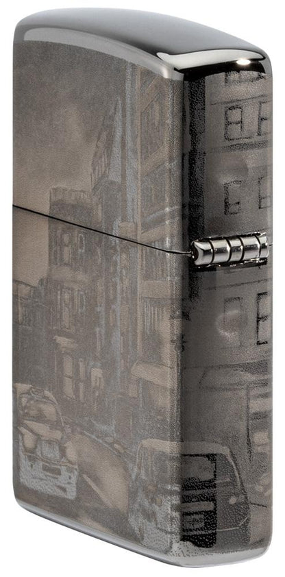 Widok z boku na tył zapalniczki Zippo Black Ice z Big Benem w Londynie 360 stopni Photo Design