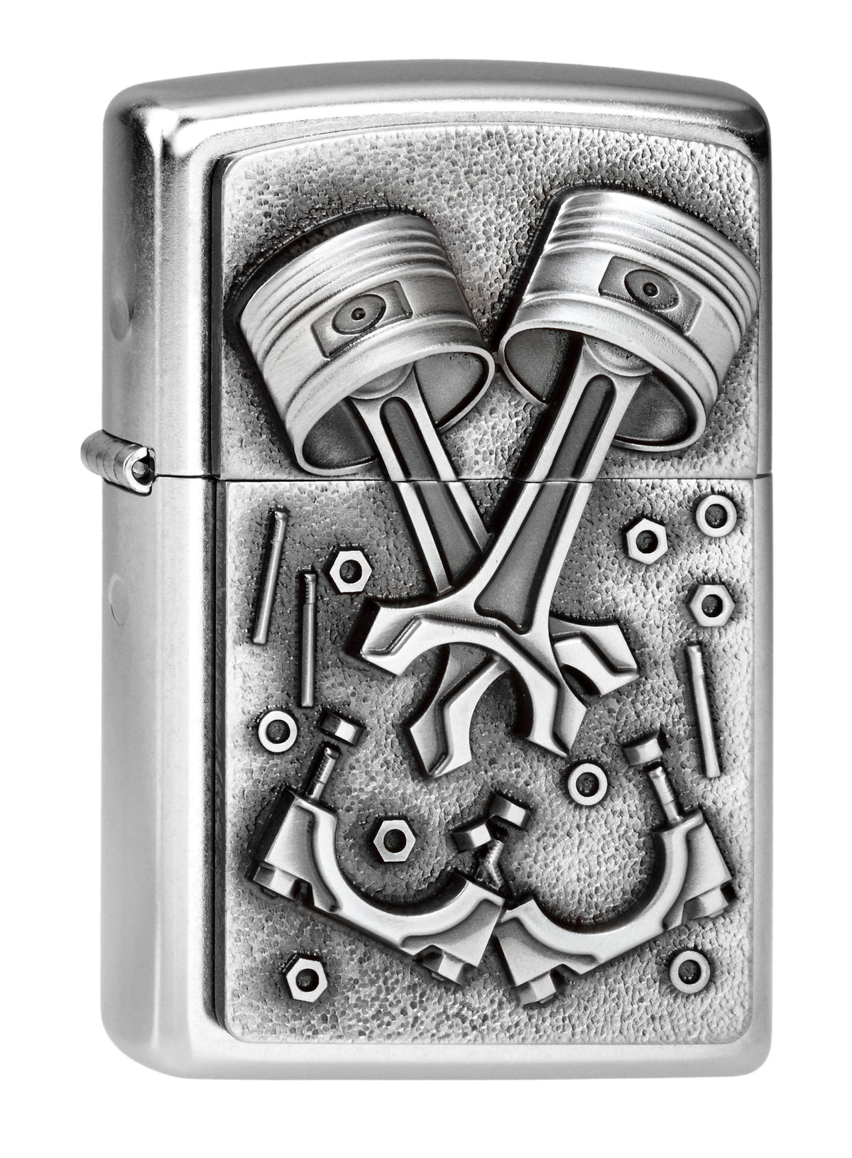 Widok z przodu kąt 3/4 zapalniczka Zippo chrom emblemat z częściami silnika