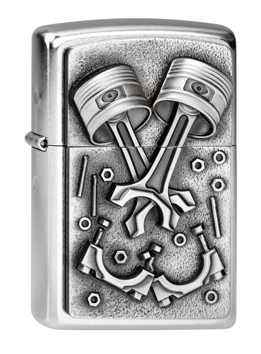 Widok z przodu kąt 3/4 zapalniczka Zippo chrom emblemat z częściami silnika