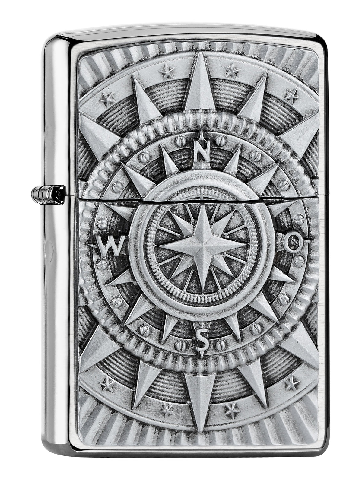 Widok z przodu kąt 3/4 zapalniczka Zippo emblemat z kompasem