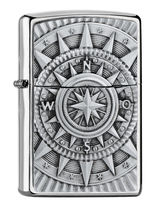 Widok z przodu kąt 3/4 zapalniczka Zippo emblemat z kompasem