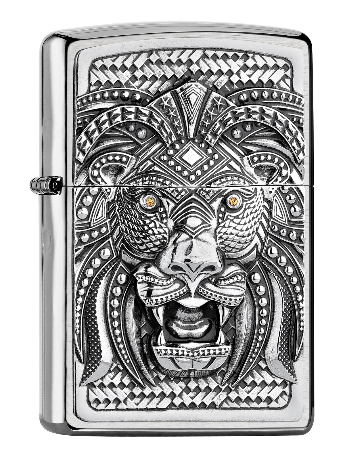 Widok z przodu kąt 3/4 zapalniczka Zippo emblemat z lwem z dziką grzywą
