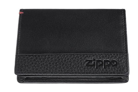 Widok z przodu skórzany portfel czarny zamknięty z logo Zippo