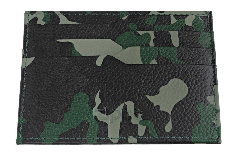 Widok z przodu etui na karty kredytowe zielone moro 5 przegródek logo Zippo