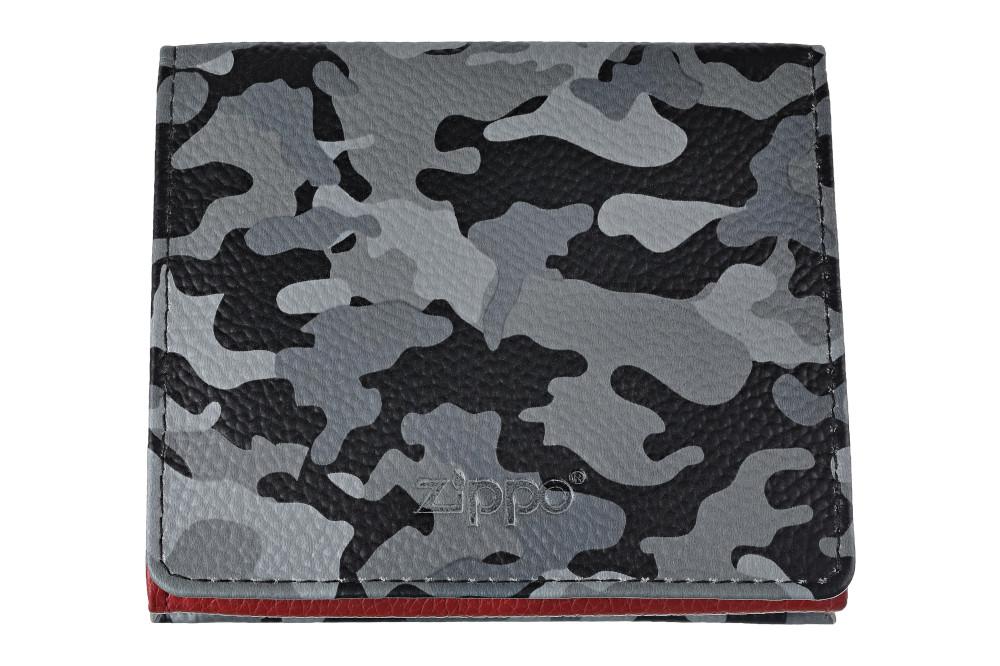Widok z przodu portfel Zippo zamknięty szary wzór moro z logo Zippo