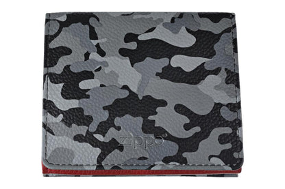 Widok z przodu portfel Zippo zamknięty szary wzór moro z logo Zippo
