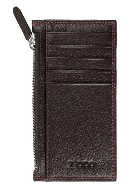 Widok z przodu etui na karty brązowe z zapięciem na zamek i logo Zippo