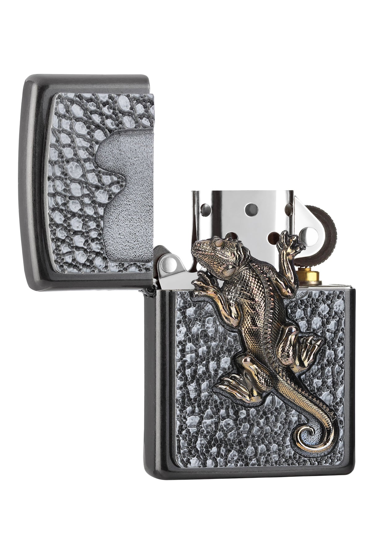 Zapalniczka Zippo szara emblemat z gekonem otwarta