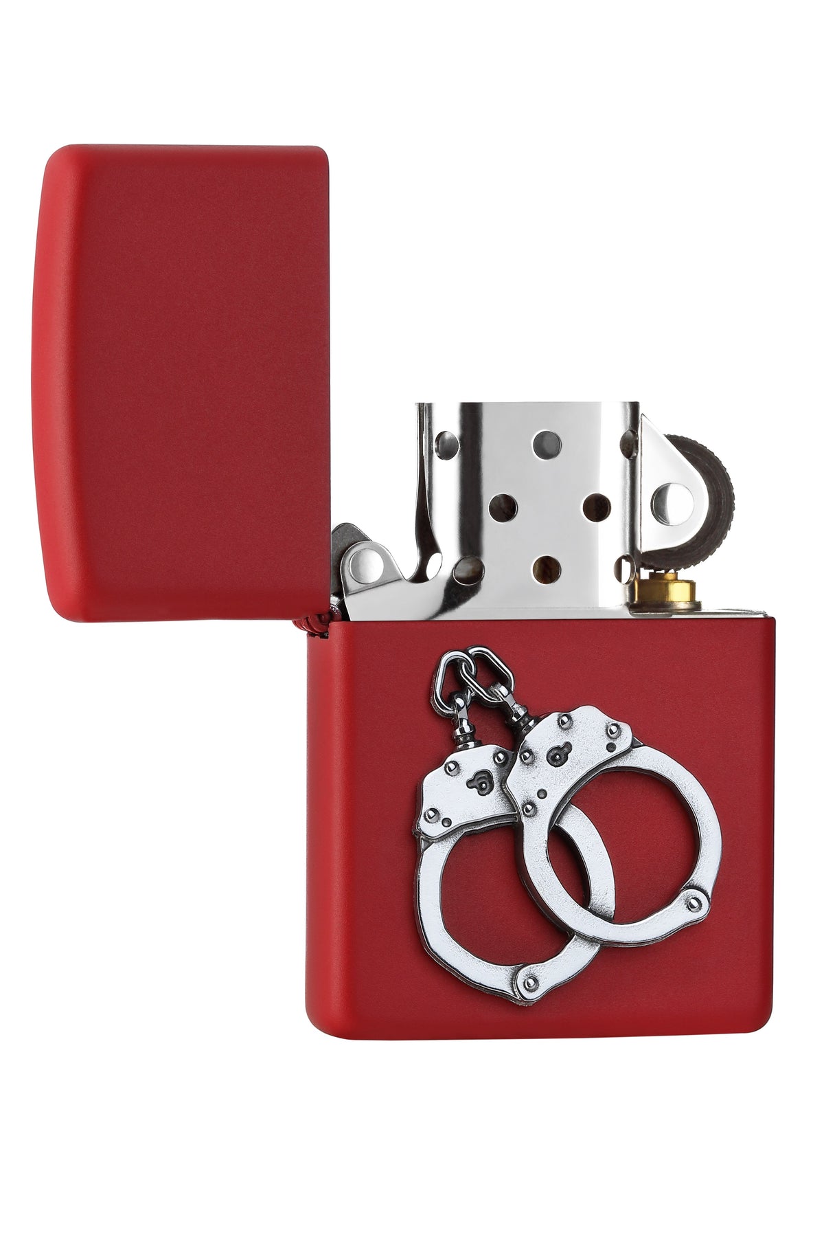 Widok z przodu zapalniczka Zippo Red Matte z emblematem w postaci srebrnych kajdanek otwarta