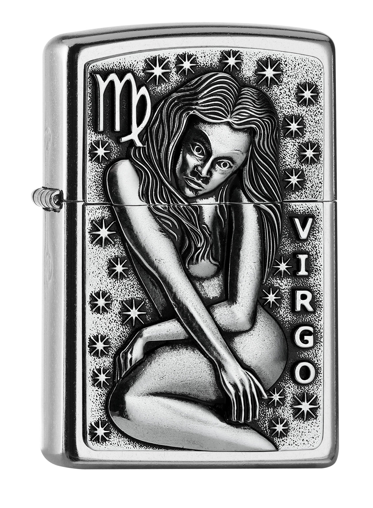 Widok z przodu kąt 3/4 zapalniczka Zippo chrom emblemat z panną