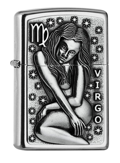 Widok z przodu kąt 3/4 zapalniczka Zippo chrom emblemat z panną