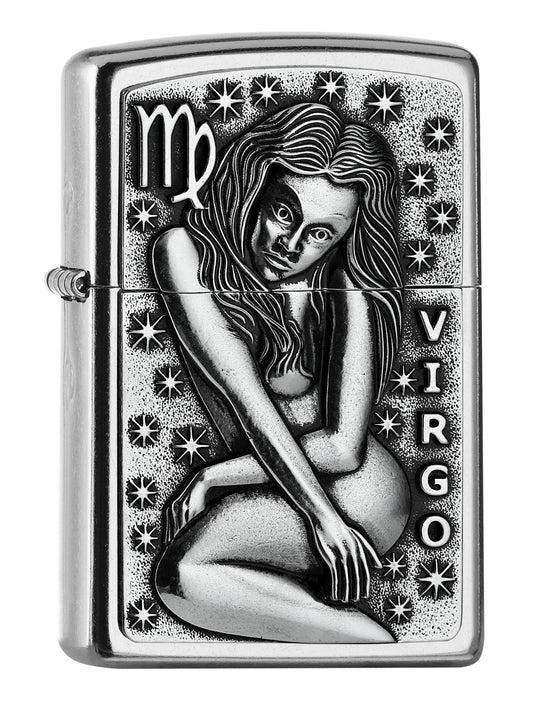 Widok z przodu kąt 3/4 zapalniczka Zippo chrom emblemat z panną