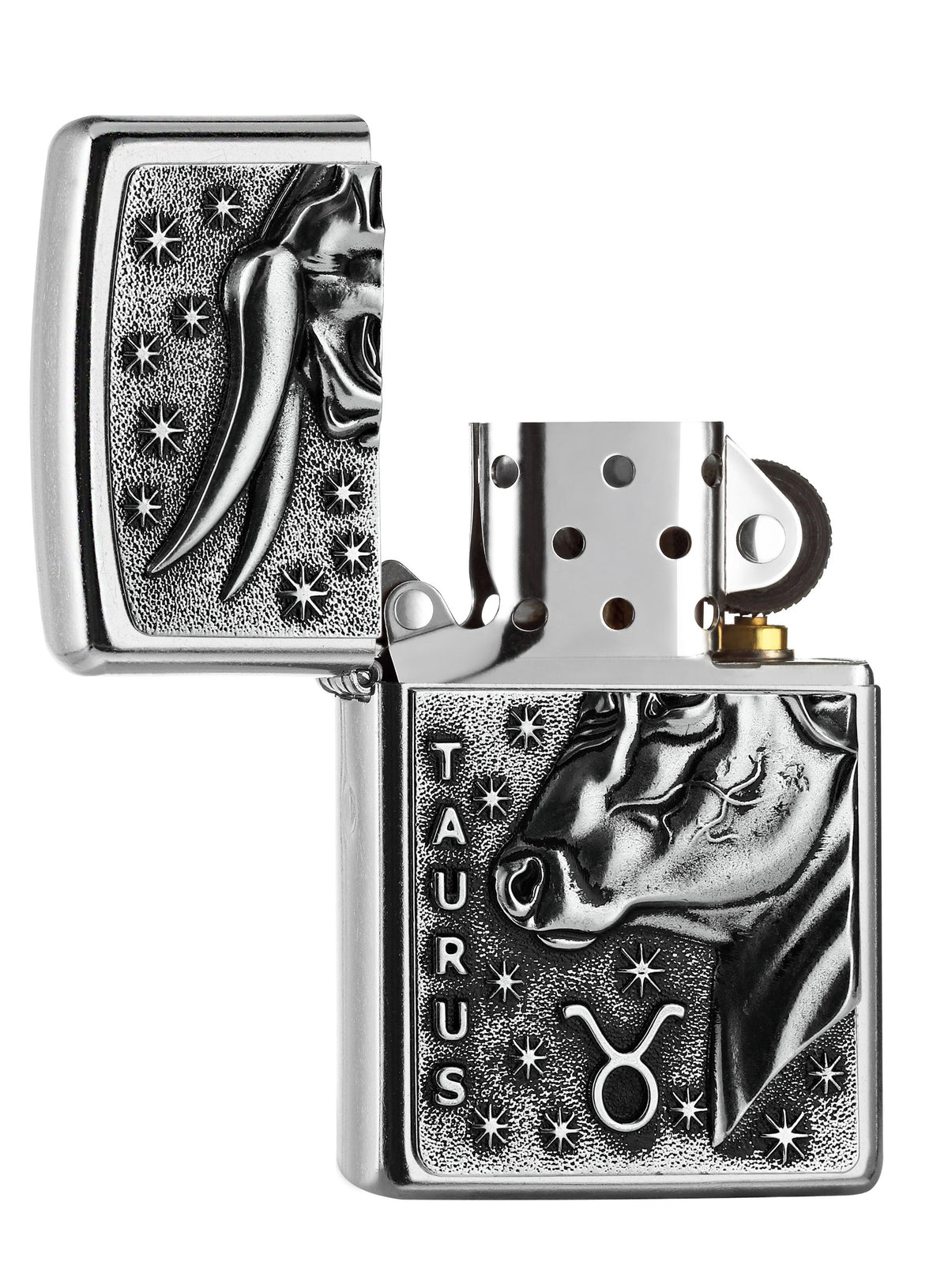 Widok z przodu zapalniczka Zippo Street Chrome z emblematem byka i napisem Taurus otwarta