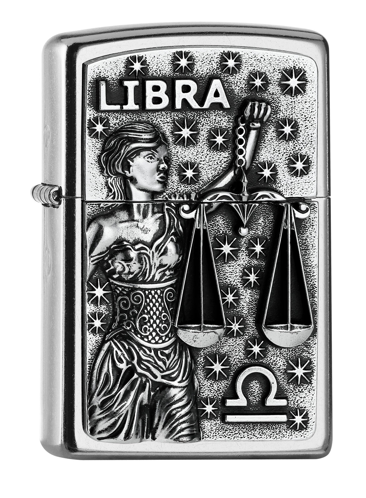 Widok z przodu zapalniczka Zippo chrom emblemat z wagą