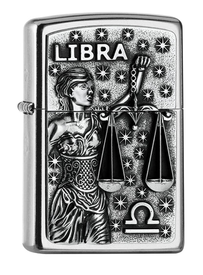 Widok z przodu zapalniczka Zippo chrom emblemat z wagą