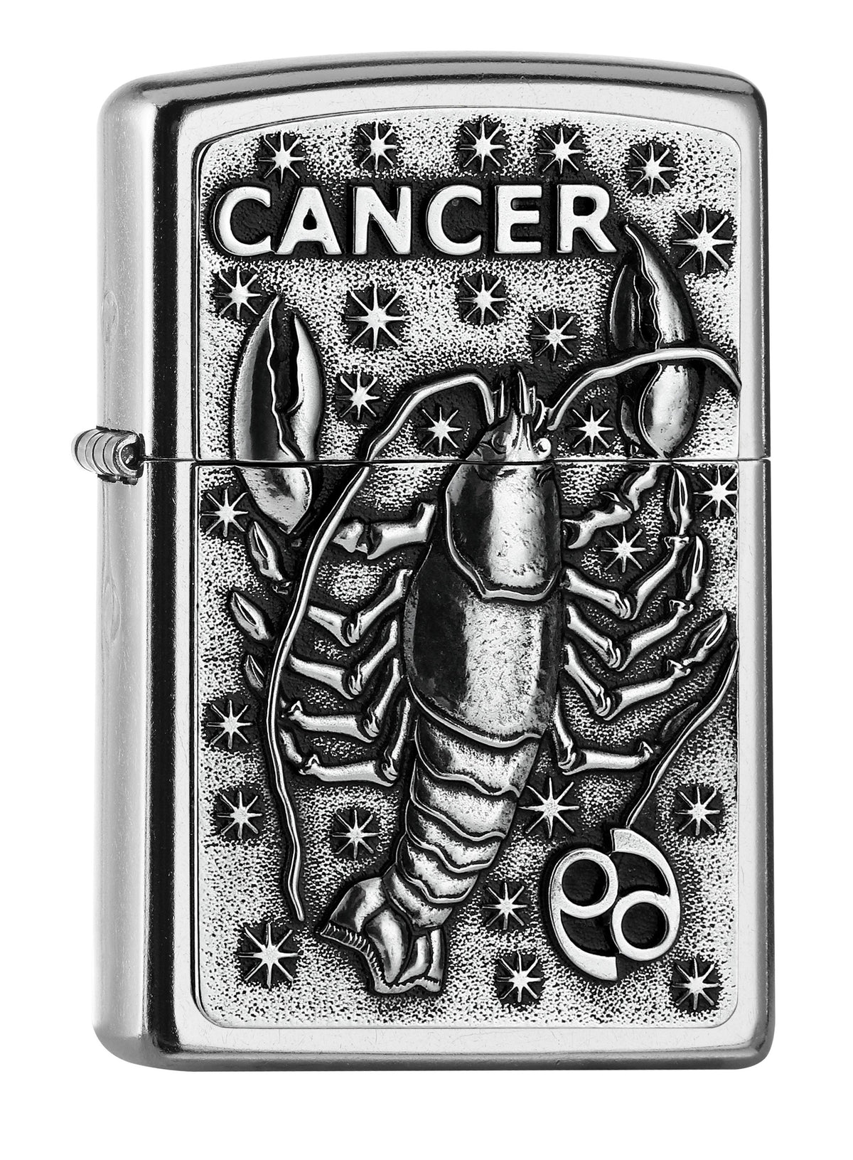 Widok z przodu kąt 3/4 zapalniczka Zippo chrom emblemat z rakiem