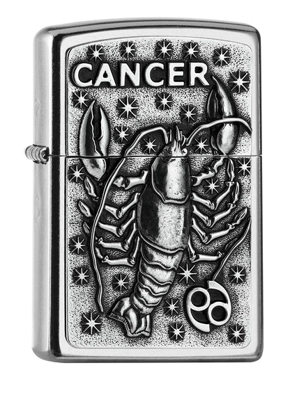 Widok z przodu kąt 3/4 zapalniczka Zippo chrom emblemat z rakiem