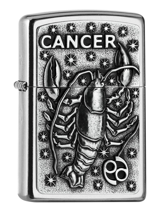 Widok z przodu kąt 3/4 zapalniczka Zippo chrom emblemat z rakiem