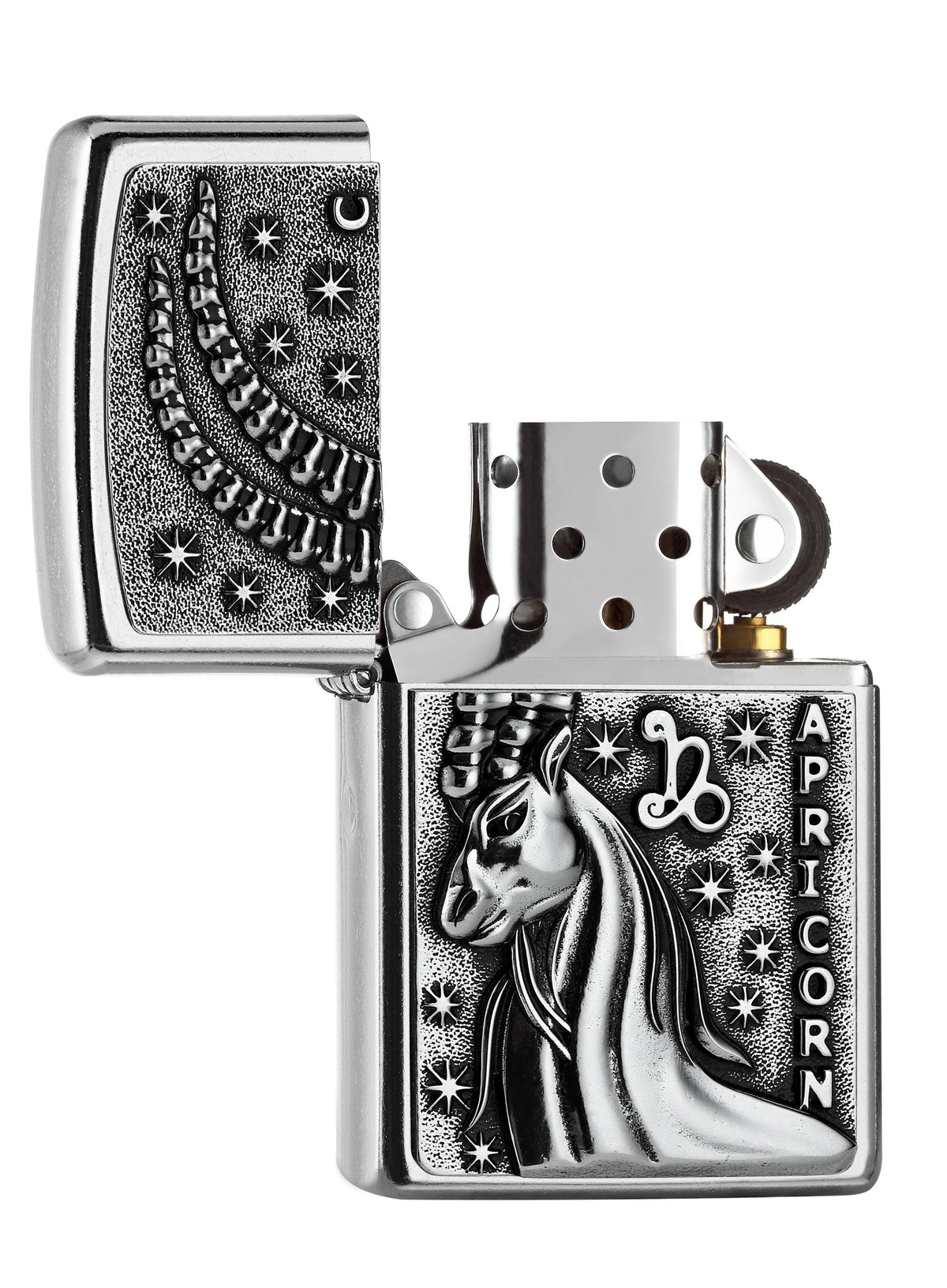  Zapalniczka Zippo chrom emblemat z koziorożcem otwarta