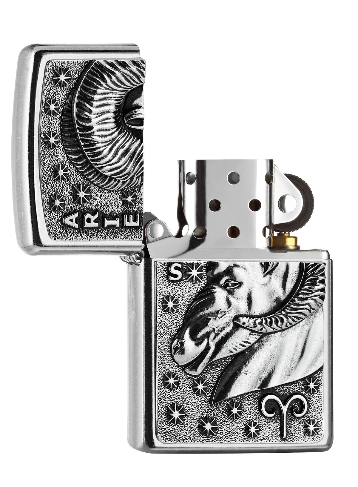 Zapalniczka Zippo chrom emblemat z baranem otwarta
