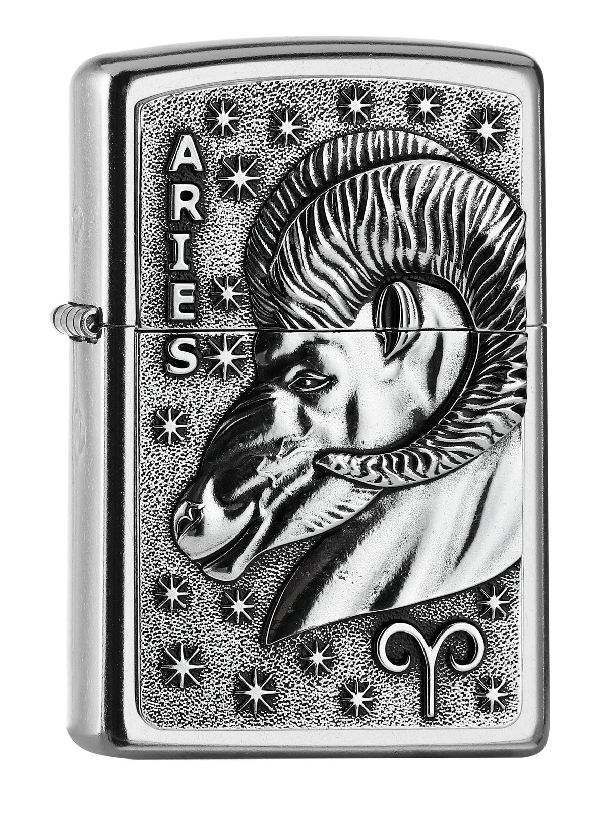 Widok z przodu kąt 3/4 zapalniczka Zippo chrom emblemat z baranem
