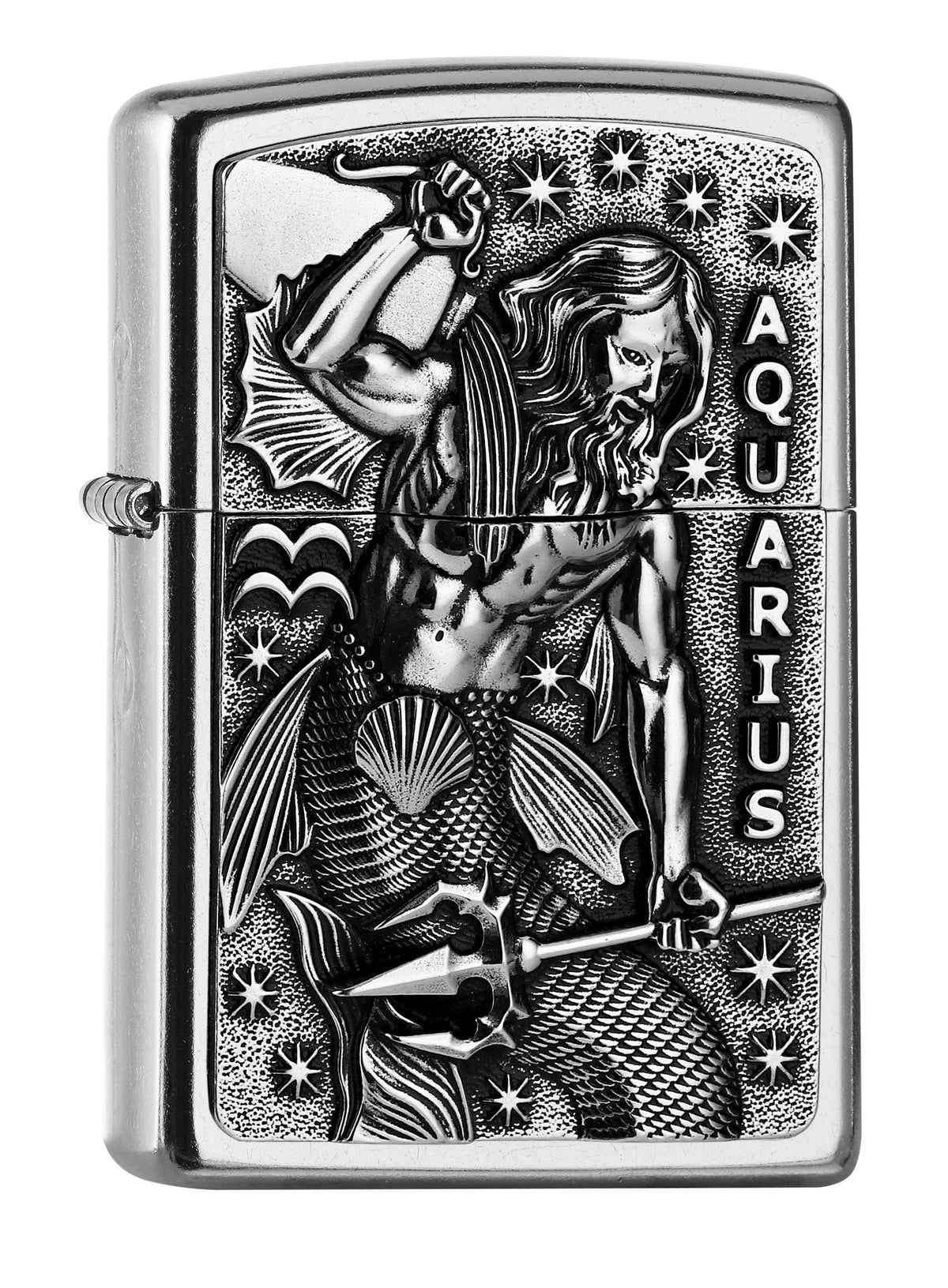 Widok z przodu kąt 3/4 zapalniczka Zippo chrom emblemat z wodnikiem