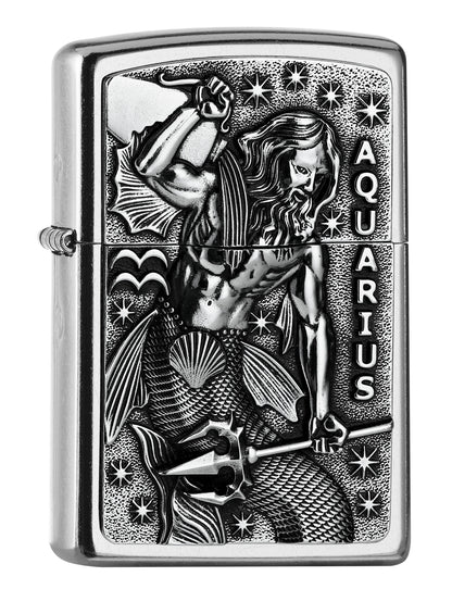 Widok z przodu kąt 3/4 zapalniczka Zippo chrom emblemat z wodnikiem