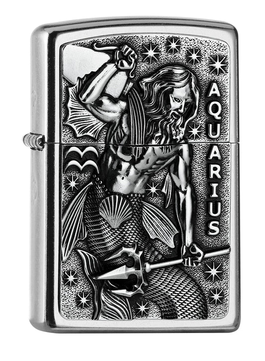 Widok z przodu kąt 3/4 zapalniczka Zippo chrom emblemat z wodnikiem