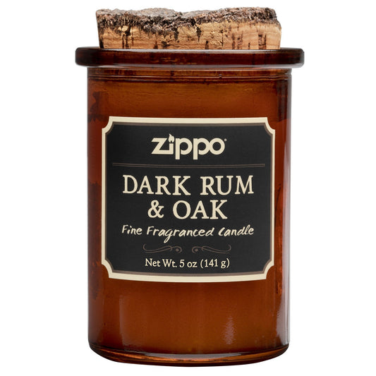 Widok z przodu świeca Zippo Dark Rum and Oak brązowa z korkową pokrywką