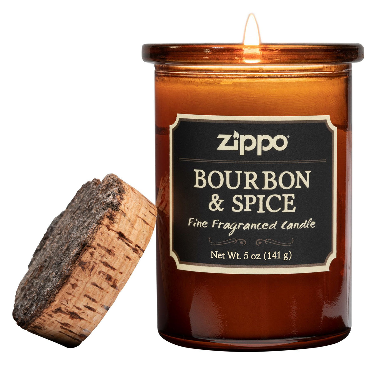 Świeca Zippo Dark Bourbon and Spice brązowa z korkową pokrywką otwarta z płomieniem