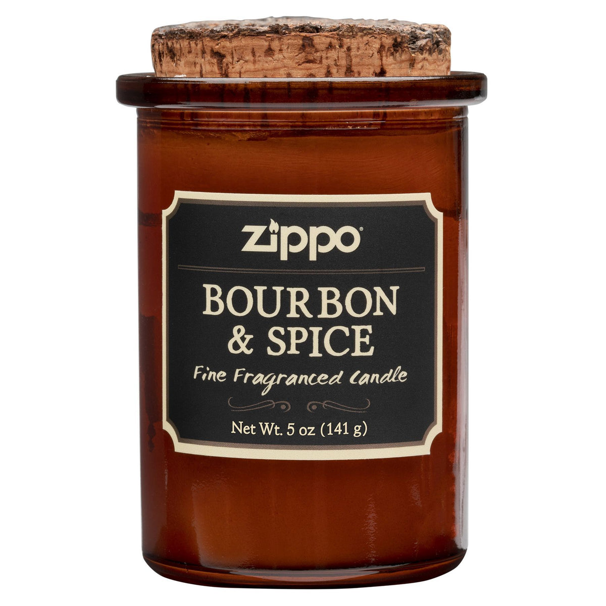 Widok z przodu świeca Zippo Dark Bourbon and Spice brązowa z korkową pokrywką