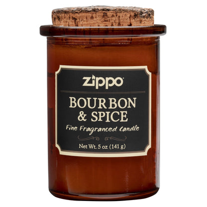 Widok z przodu świeca Zippo Dark Bourbon and Spice brązowa z korkową pokrywką