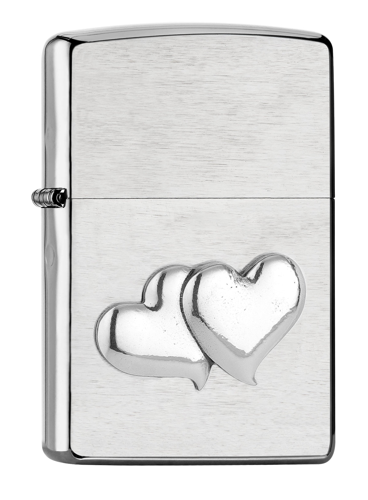 Widok z przodu kąt 3/4 zapalniczka Zippo szczotkowany chrom emblemat z dwoma sercami w dolnej części